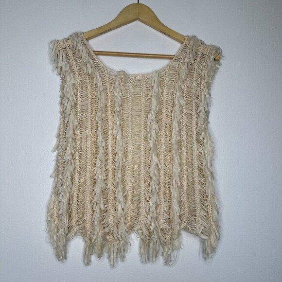 Festival Fringe Open Knit Top Size M Cream Fairy Boho Retro Hippie Woven - Picture 2 of 10